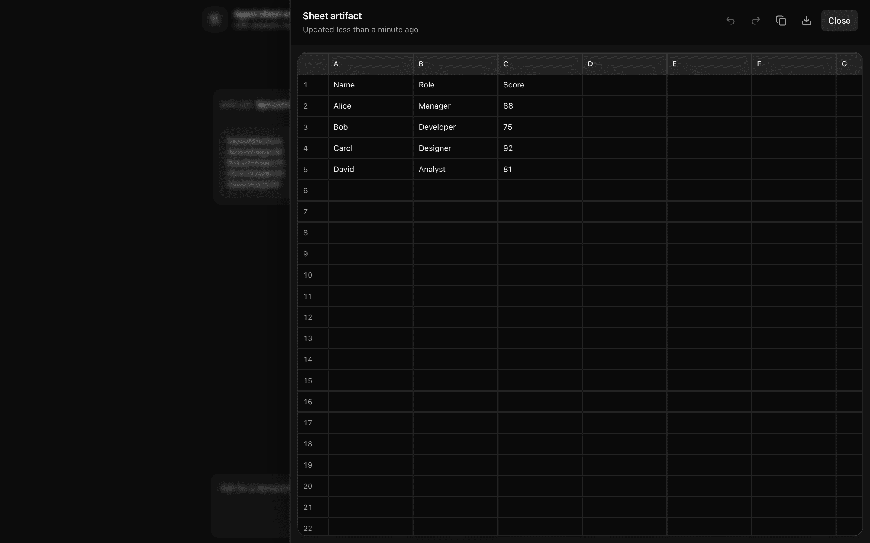 Agent Sheet Artifact preview