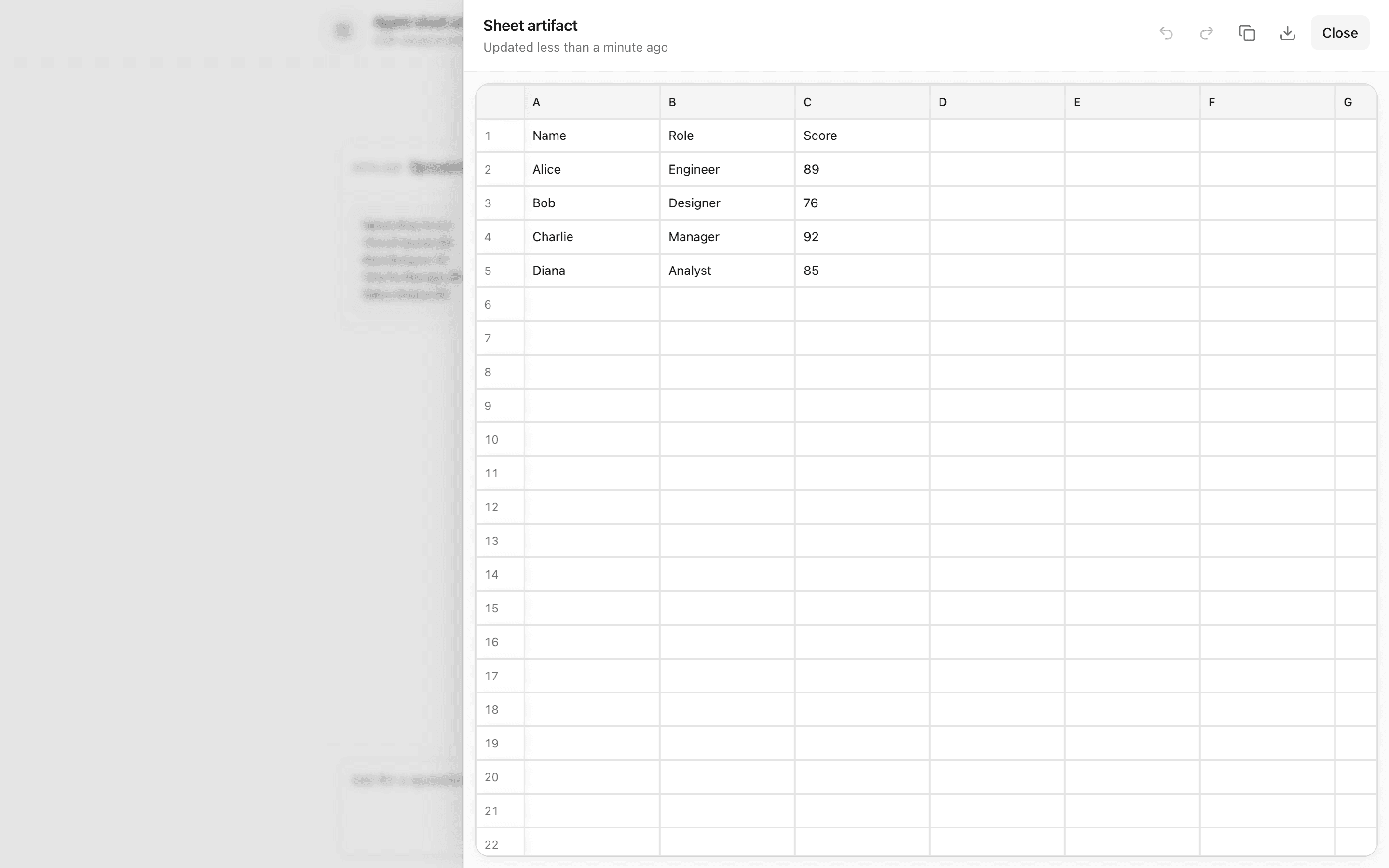 Agent Sheet Artifact preview