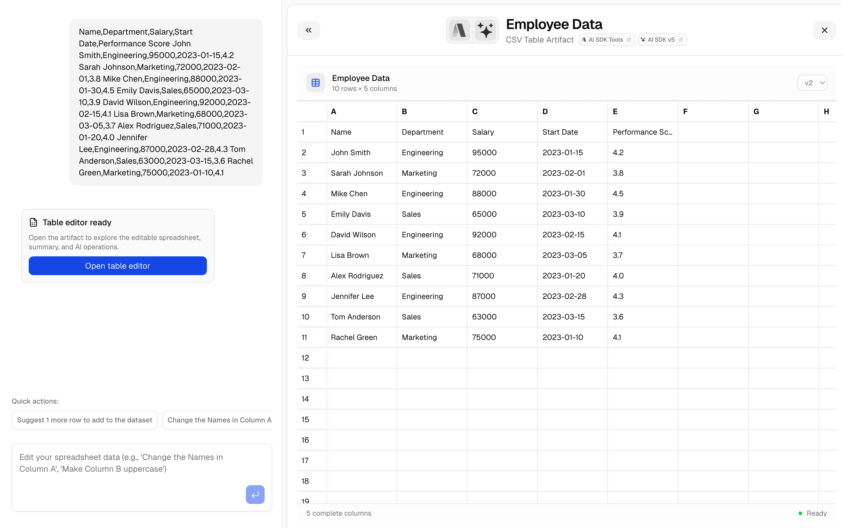 CSV Editor Artifact preview