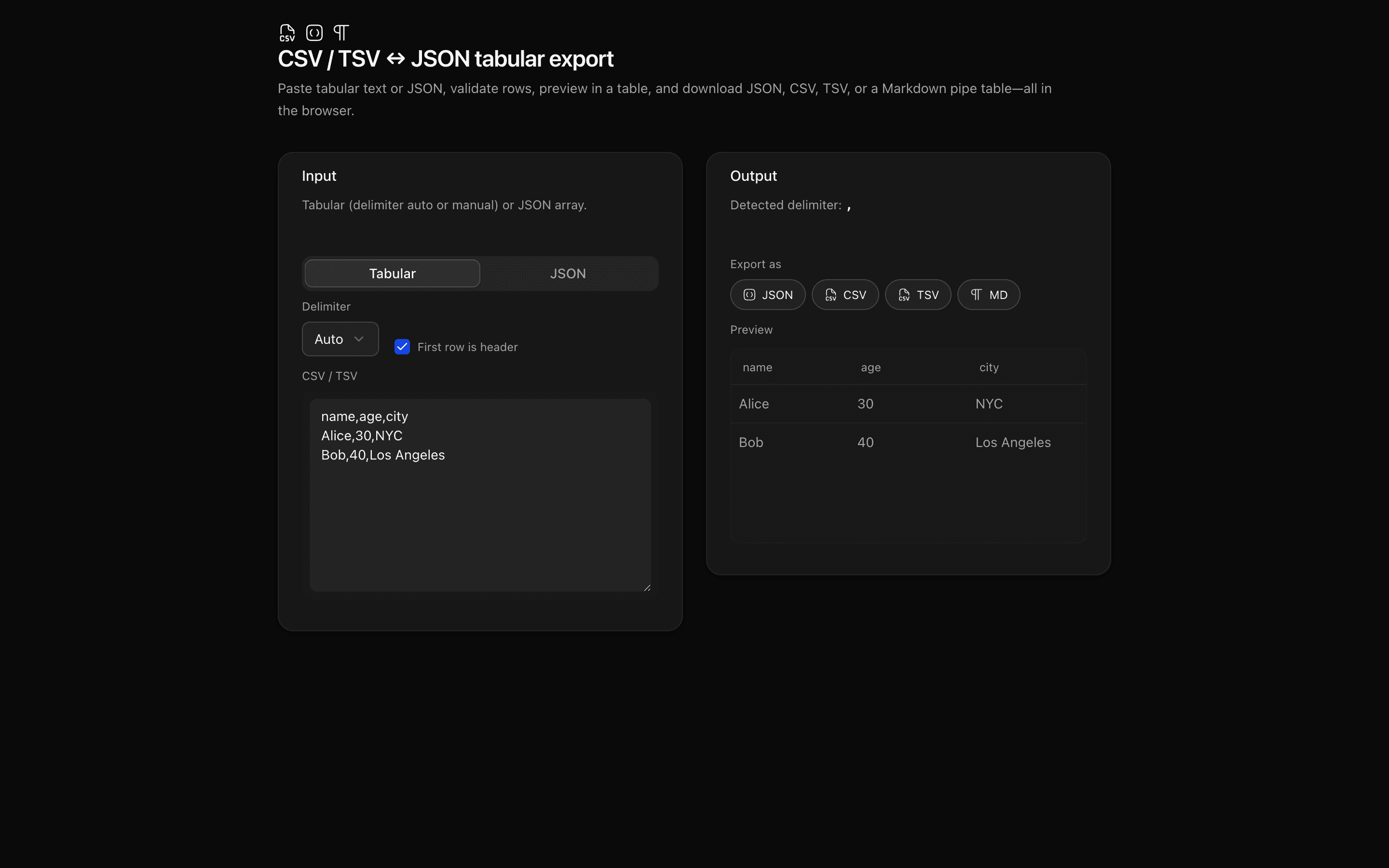 CSV / TSV ↔ JSON tabular export preview