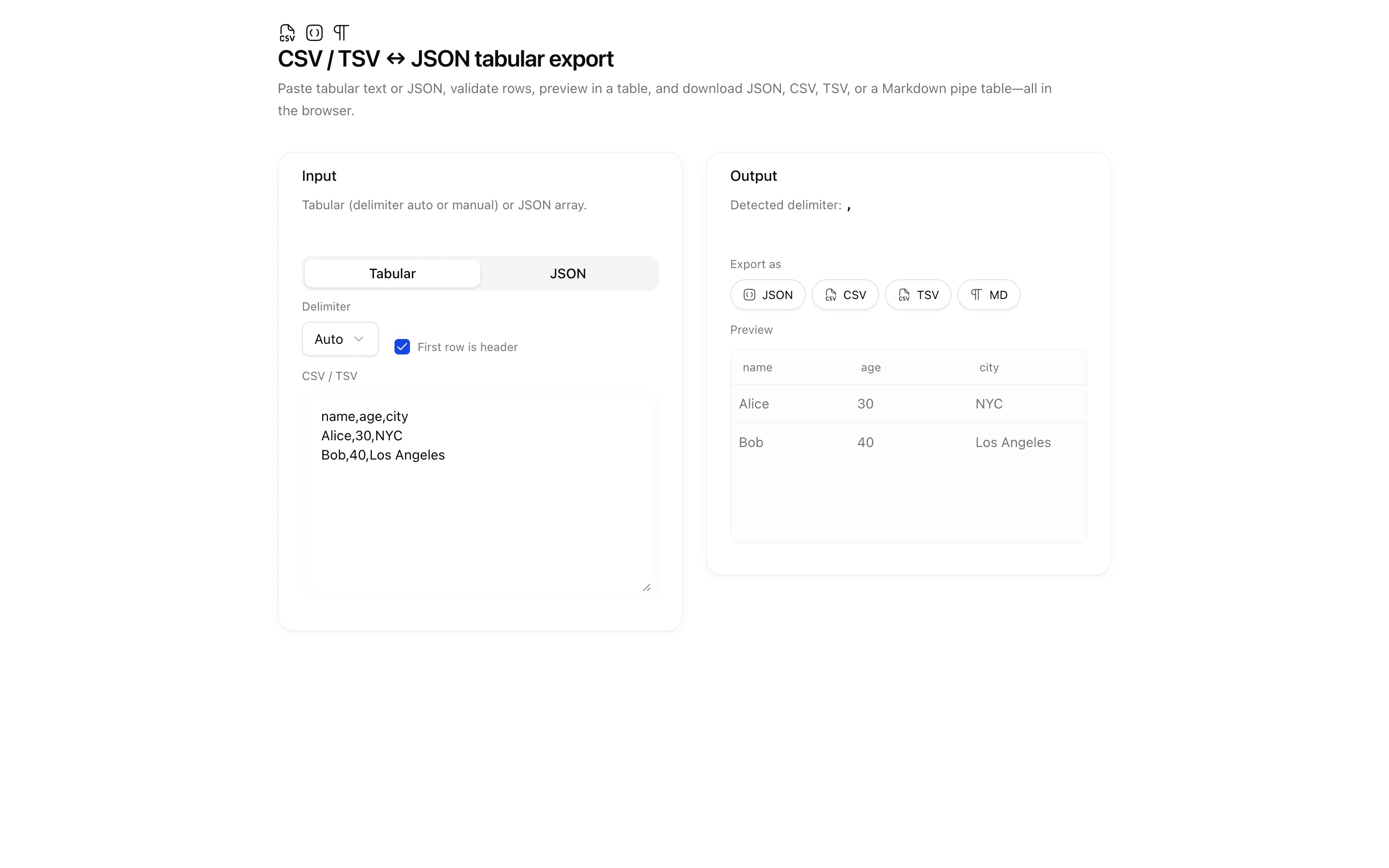 CSV / TSV ↔ JSON tabular export preview