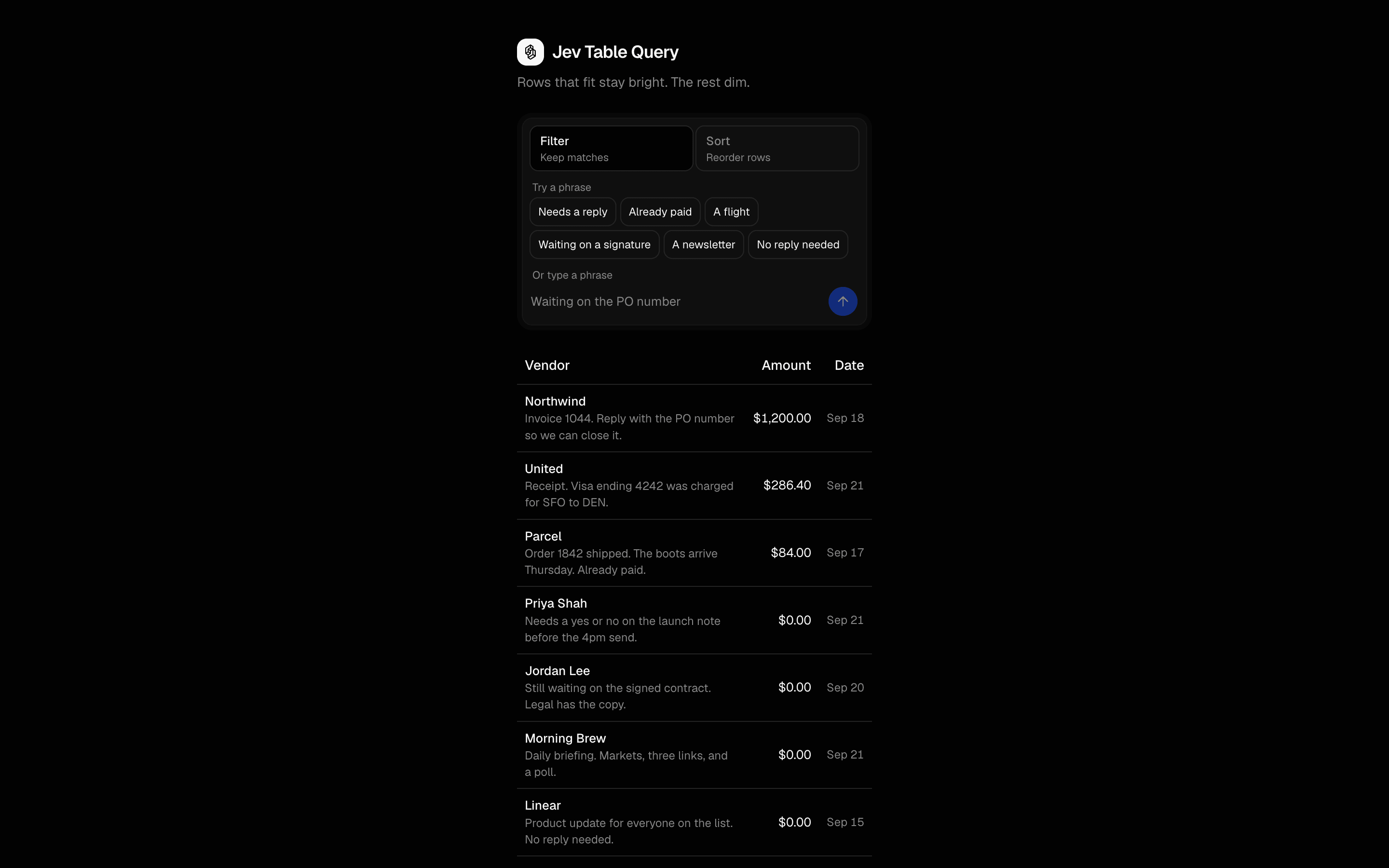 Jev Table Query preview