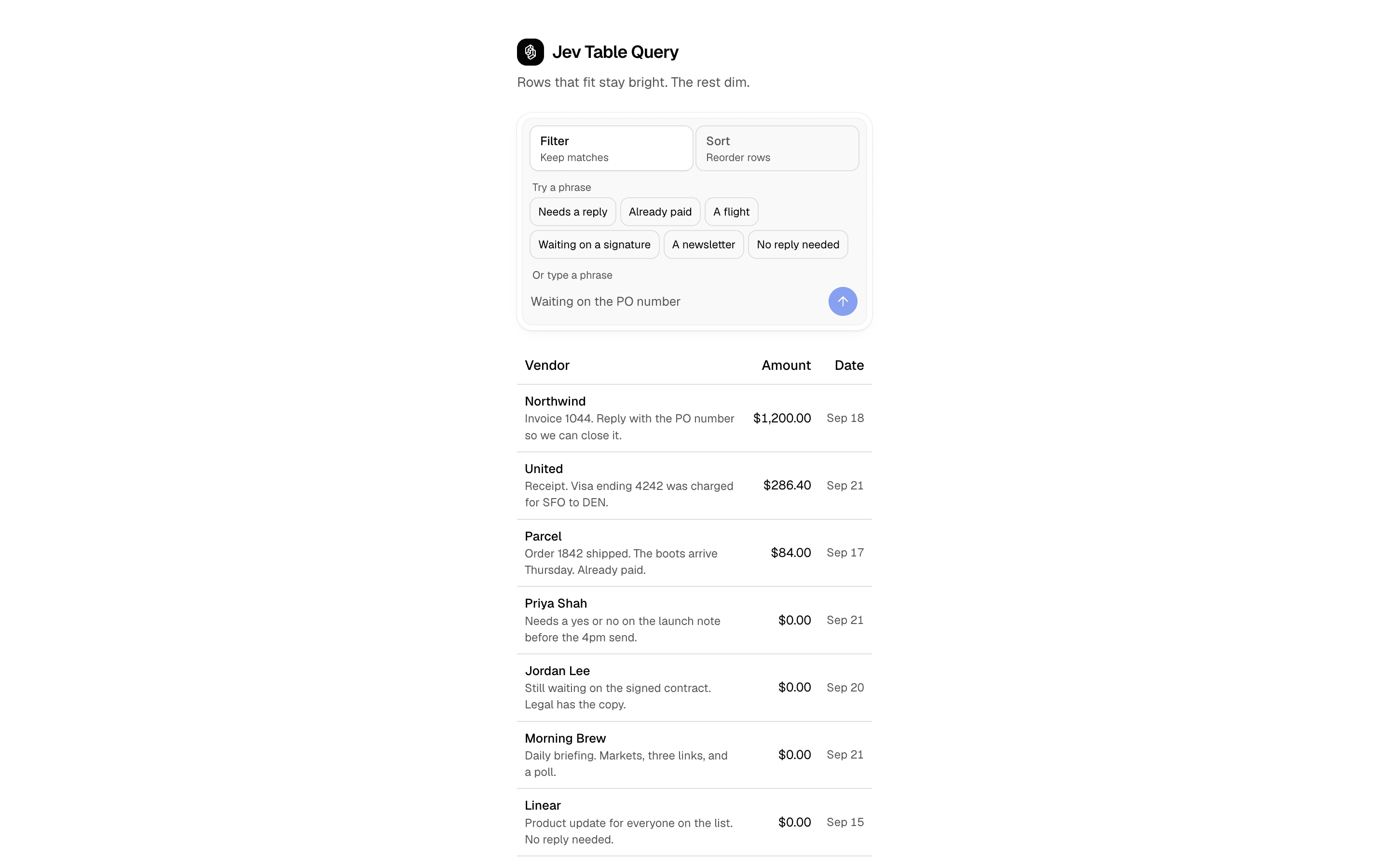 Jev Table Query preview