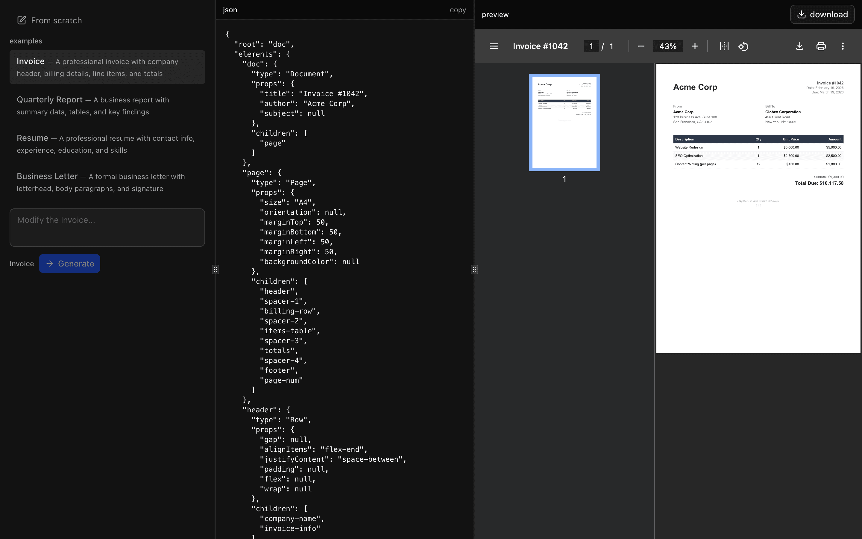 JSON Render PDF preview