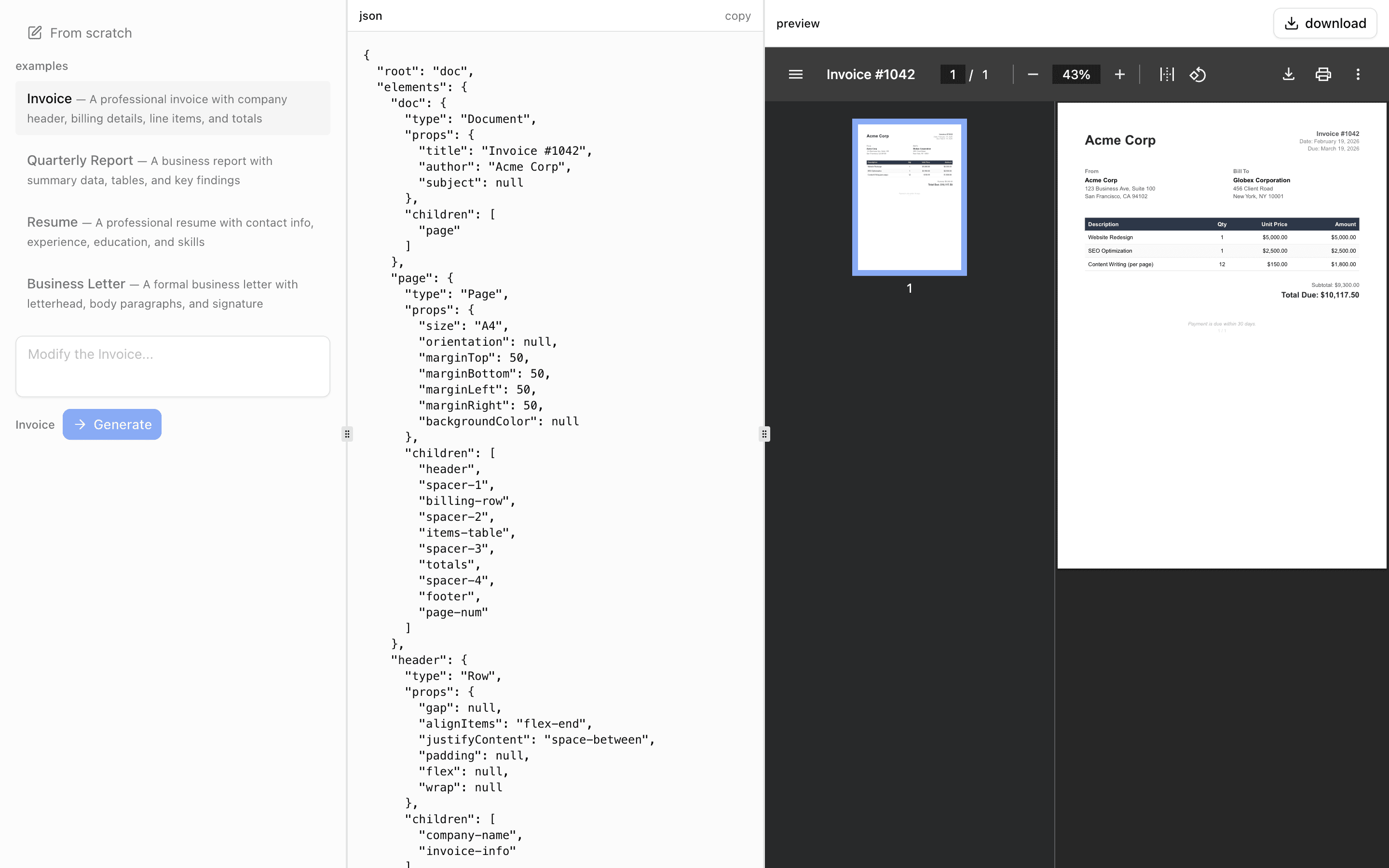 JSON Render PDF preview