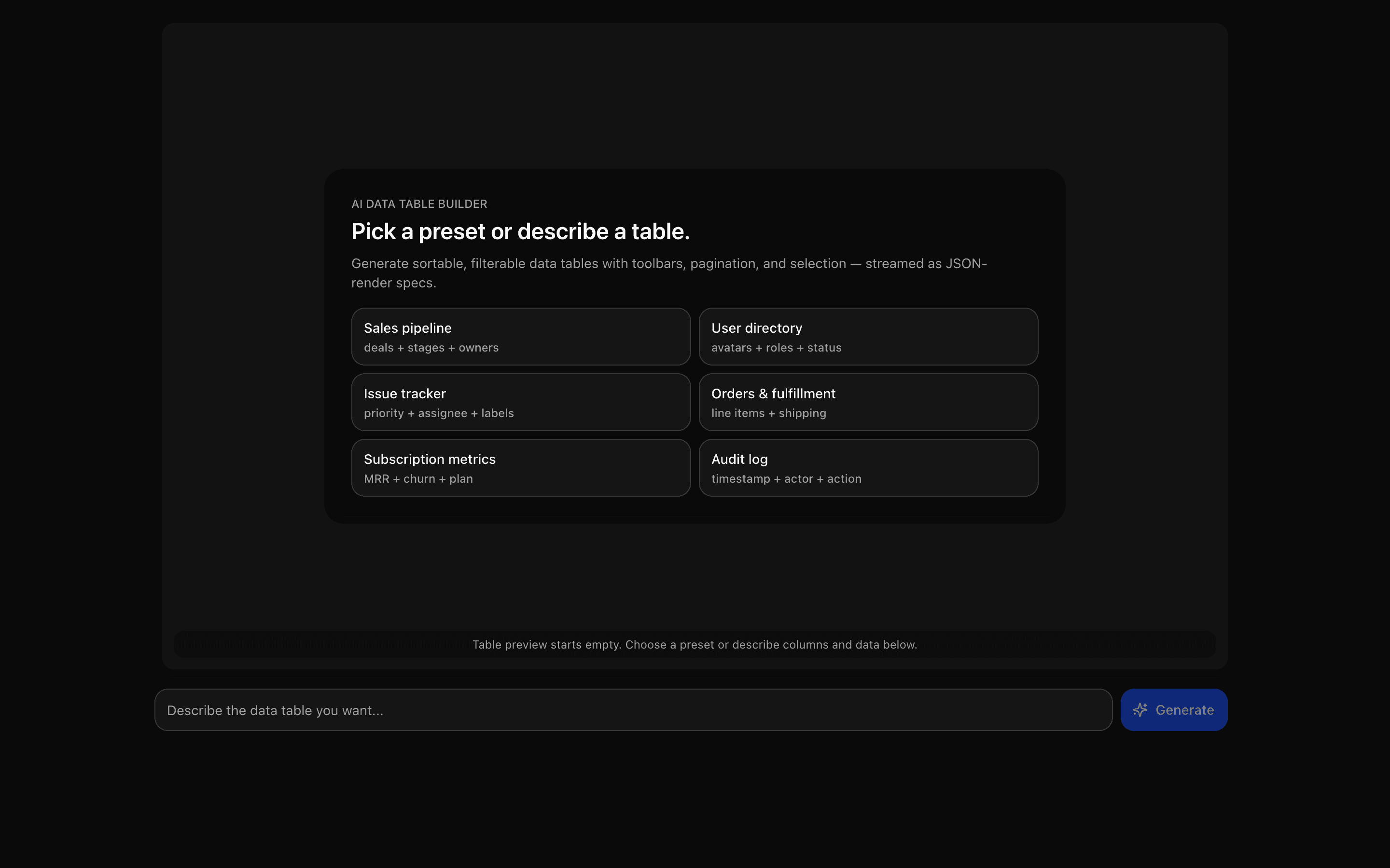 JSON Render Data Table preview